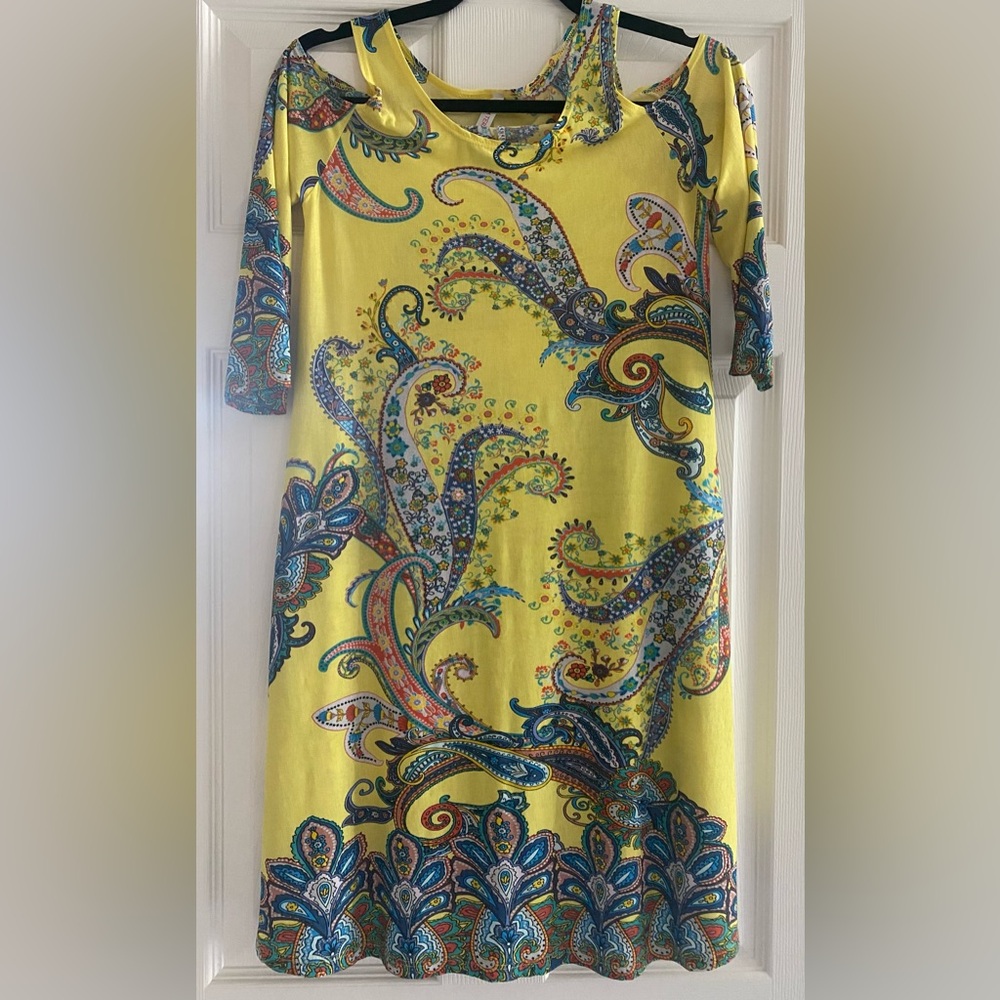 Watermelon cold shoulder, 3/4 sleeves, with pockets, fun print midi dress.